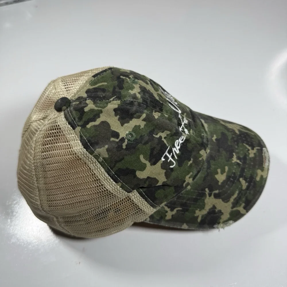 Time and Tru Free & Wild Distressed Green Camo Trucker Hat Leopard Undervisor